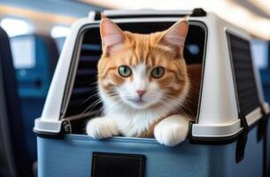 ai generato mondo gatto giorno, mondo turismo giorno, mezzi di trasporto di animali domestici nel trasporto, gatto su un' aereo, in viaggio con animali domestici, a strisce Zenzero gatto nel un' vettore foto