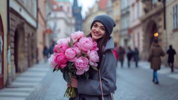 ai generato un' 35 anni donna, sua viso illuminato di un' luminosa Sorridi come lei con grazia detiene un' grande mazzo di peonie, sua alto statura e elegante cappotto aggiungendo per il fascino di il scena. foto