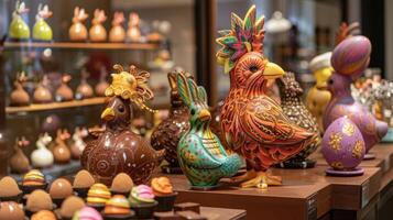 ai generato un artigianale cioccolato negozio ornato con vivace viene visualizzato di intricatamente artigianale cioccolato sculture e delizioso tratta, invitante visitatori per indulgere nel il dolcezza di il stagione. foto