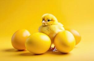 ai generato mondo uccello giorno, Pasqua, poco Pasqua pollo, divertente giallo pulcino, pollame, colorato dipinto uova, giallo sfondo foto
