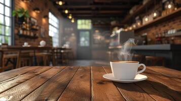 ai generato bellissima solido legna caffè tavolo come il focale punto, ornato con un' cottura a vapore tazza di nero caffè, contro il fondale di un' meravigliosamente decorato bar. foto