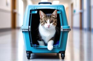 ai generato mondo gatto giorno, veterinari visita medica, veterinario clinica, animale trattamento, animale domestico a strisce grigio gatto nel un' vettore, ospedale corridoio, medicinali per gatti, sovraesposizione di animali foto