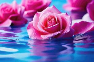 ai generato Songkran, tailandese nuovo anno, rosa Rose nel il acqua, rosa petali, increspatura superficie, terme e cosmetici concetto sfondo foto