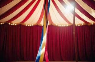 ai generato mondo circo giorno, circo tenda dentro, circo arena, ginnastica nastro, gli sport attrezzatura, tempo libero e divertimento per bambini foto