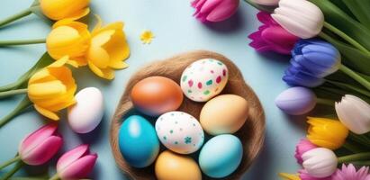 ai generato Pasqua, colorato dipinto uova decorato con ornamenti e modelli, primavera fiori, tulipani, uova nel un' di vimini nido, superiore Visualizza, blu sfondo foto