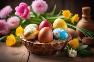 ai generato Pasqua, colorato dipinto uova decorato con ornamenti e modelli, uova nel un' di vimini cestino, primavera fiori, di legno sfondo foto