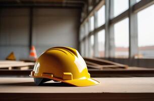 ai generato mondo giorno per sicurezza e Salute a opera, giallo protettivo lavoratori casco, costruzione luogo, opera casco, riparazione, sviluppo, soleggiato giorno foto