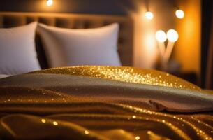 ai generato mondo dormire giorno, moderno Camera da letto interno, accogliente atmosfera, seta letto biancheria, lusso Hotel, d'oro sfumature, brillante copriletto su un' Doppio letto, bianca cuscini, notte illuminazione foto