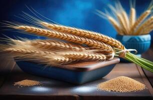 ai generato vaisakhi, sikh nuovo anno, Shavuot ebreo, mazzo di Grano, segale e cereali, orecchie di Grano, sparpagliato cereali, di legno sfondo foto