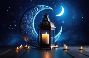ai generato laylat al Qadr, eid al-fitr, santo mese di Ramadan, arabo lanterna fanus, candele, argento mezzaluna e stelle, magico atmosfera, blu sfondo foto