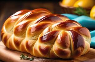 ai generato purim, Purim pasticcini, nazionale ebraico cucina, tradizionale ebraico piatto, fatti in casa pane intrecciato challah, tradizionale shabbat challah foto