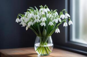 ai generato La madre di giorno, maternità domenica, internazionale Da donna giorno, mazzo di primavera fiori, il esordio di molla, mazzo di bucaneve nel un' bicchiere vaso foto