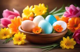 ai generato Pasqua, colorato dipinto uova decorato con ornamenti e modelli, uova nel un' di legno piatto, primavera fiori, di legno sfondo foto