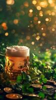 ai generato irlandesi bicchiere di birra con schiuma e oro monete foto