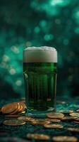ai generato irlandesi bicchiere di birra con schiuma e oro monete foto