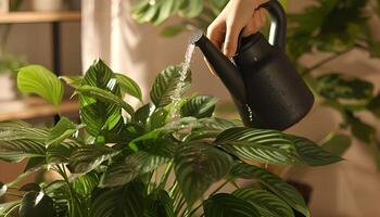 ai generato femmina mani spray irrigazione impianti a casa foto