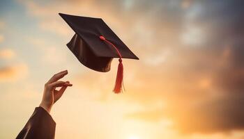 ai generato mano lancio la laurea cappello nel il aria festeggiare foto