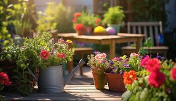 ai generato composizione di giardinaggio utensili e fiori foto