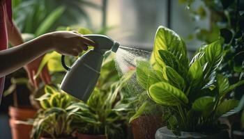 ai generato femmina mani spray irrigazione impianti a casa foto