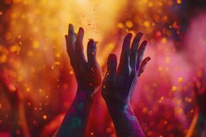 ai generato esuberante holi celebrazione con colorato polvere nel aria. gioioso mani lanciare vivace holi polvere verso il cielo, la creazione di un' dinamico e colorato celebrazione atmosfera. foto