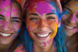 ai generato gioioso giovane donna festeggiare holi Festival. avvicinamento di un' sorridente giovane donna di viso ornato con colorato holi Festival polveri, trasudante felicità. foto