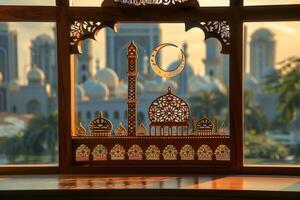 ai generato intricato carta arte di islamico architettura. un' meravigliosamente artigianale carta arte diorama raffigurante islamico architettura con un' mezzaluna Luna e stelle nel un' notte cielo. foto