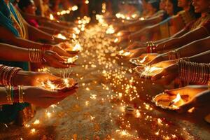 ai generato mani Tenere Diwali sparklers illuminante il notte. Visualizza di mani Tenere stelle filanti, illuminante il festivo notte con caldo leggero e bokeh. foto