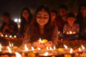 ai generato famiglia tradizione di illuminazione diyas su diwali. avvicinamento di un' giovane ragazza illuminazione terroso lampade circondato di sua famiglia durante Diwali celebrazioni. foto