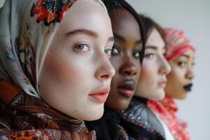 ai generato diverso donne nel colorato velo avvicinamento. quattro diverso donne indossare colorato foulard, che rappresentano unità nel diversità. foto