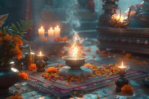 ai generato tradizionale Diwali puja con terroso lampade e calendule. dettagliato tiro di un' Diwali puja preghiera impostare a casa con multiplo terroso lampade circondato di calendula fiori. foto