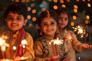 ai generato famiglia tradizione di illuminazione diyas su diwali. avvicinamento di un' giovane ragazza illuminazione terroso lampade circondato di sua famiglia durante Diwali celebrazioni. foto