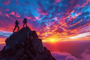 ai generato scalatori staglia contro tramonto su oceano scogliera. Due roccia scalatori, staglia di il ambientazione sole, scala un' ripido scogliera prospiciente il oceano. foto