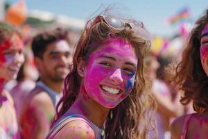 ai generato gioioso giovane donna festeggiare holi Festival. avvicinamento di un' sorridente giovane donna di viso ornato con colorato holi Festival polveri, trasudante felicità. foto