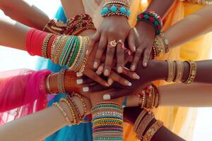 ai generato vivace mani in mostra tradizionale indiano gioielleria. un' vivace avvicinamento di diverso mani ornato con colorato braccialetti e anelli, simboleggiante unità e culturale bellezza. foto
