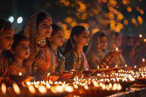 ai generato devoto donna preghiere in mezzo Diwali diyas. giovane donna nel tradizionale abbigliamento preghiere con piegato mani, circondato di illuminato Diwali terroso lampade. foto