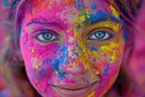 ai generato gioioso giovane donna festeggiare holi Festival. avvicinamento di un' sorridente giovane donna di viso ornato con colorato holi Festival polveri, trasudante felicità. foto