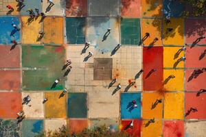 ai generato aereo Visualizza di colorato cittadina piazza raccolta. alto Visualizza di Comunità membri in piedi su un' vibrante, coloritamente dipinto cittadina quadrato, formatura un' umano mandala. foto