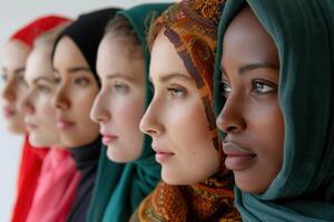 ai generato diverso donne nel colorato velo avvicinamento. quattro diverso donne indossare colorato foulard, che rappresentano unità nel diversità. foto