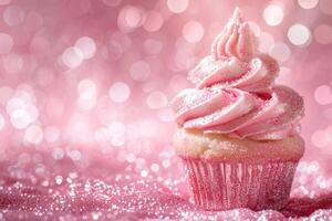 ai generato rosa sfondo con elegante luccicante cupcake, copia spazio. Da donna giorno. è un' ragazza fondale con vuoto spazio. bambino doccia o compleanno invito, festa. bambino ragazza nascita annuncio. foto