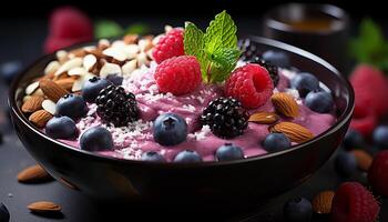 ai generato acai ciotola fresco frutti di bosco, Yogurt, muesli, e menta foglia contorno generato di ai foto