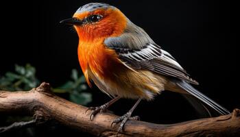 ai generato un' piccolo giallo uccello perching su un' ramo, guardare a telecamera generato di ai foto