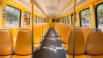 ai generato passeggeri seduta dentro giallo autobus, in viaggio attraverso città architettura generato di ai foto