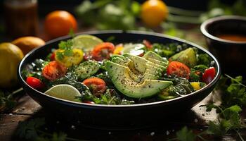 ai generato fresco, salutare insalata grigliato pomodoro, avocado, e frutti di mare filetto generato di ai foto