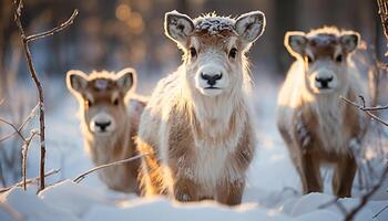 ai generato carino giovane animali pascolo nel nevoso prato, natura bellezza generato di ai foto