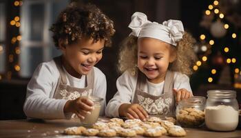 ai generato sorridente ragazze cottura al forno carino Pan di zenzero biscotti, famiglia divertimento e felicità generato di ai foto
