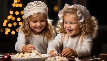 ai generato sorridente ragazze cottura al forno biscotti, famiglia gioia nel accogliente cucina generato di ai foto