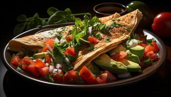 ai generato freschezza su un' piatto buongustaio insalata, grigliato carne, vegetariano taco generato di ai foto