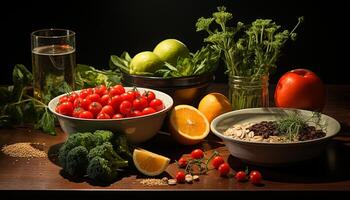 ai generato fresco, salutare insalata pomodoro, verdura, frutta, organico, vegetariano, frondoso verdura generato di ai foto