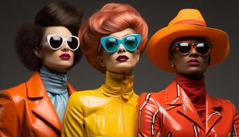ai generato alla moda donne nel occhiali da sole vetrina eleganza con colorato capi di abbigliamento collezione generato di ai foto