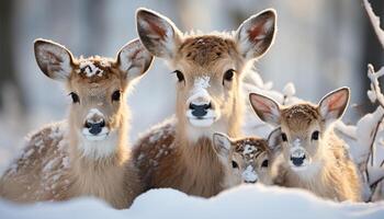 ai generato carino giovane cervo guardare a telecamera nel nevoso foresta generato di ai foto